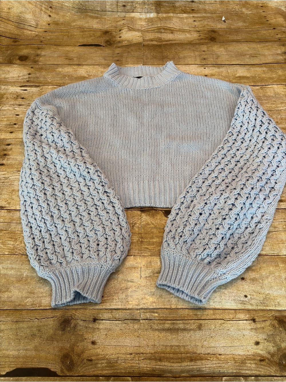 Forever 21 Light Blue Cropped Cable Balloon Sleeve Sweater